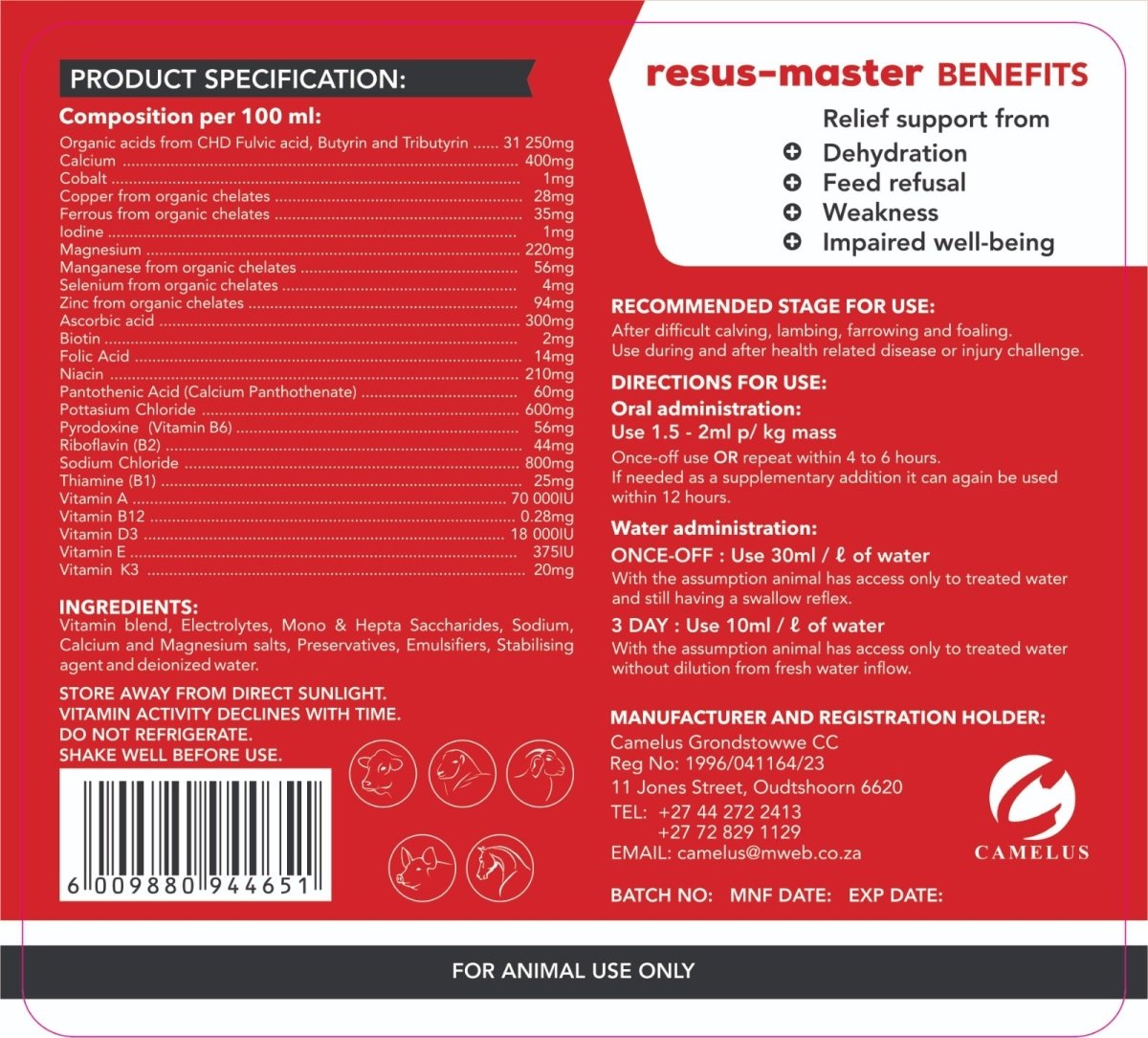 Resus-Master - Emergency Recovery, Vitality & Hydration Support for Livestock (5L)