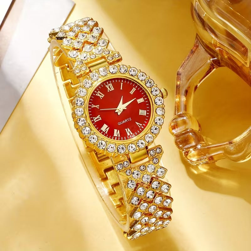 Valoria Heart Gold Quartz Watch Jewelry Set 5pcs Lux
