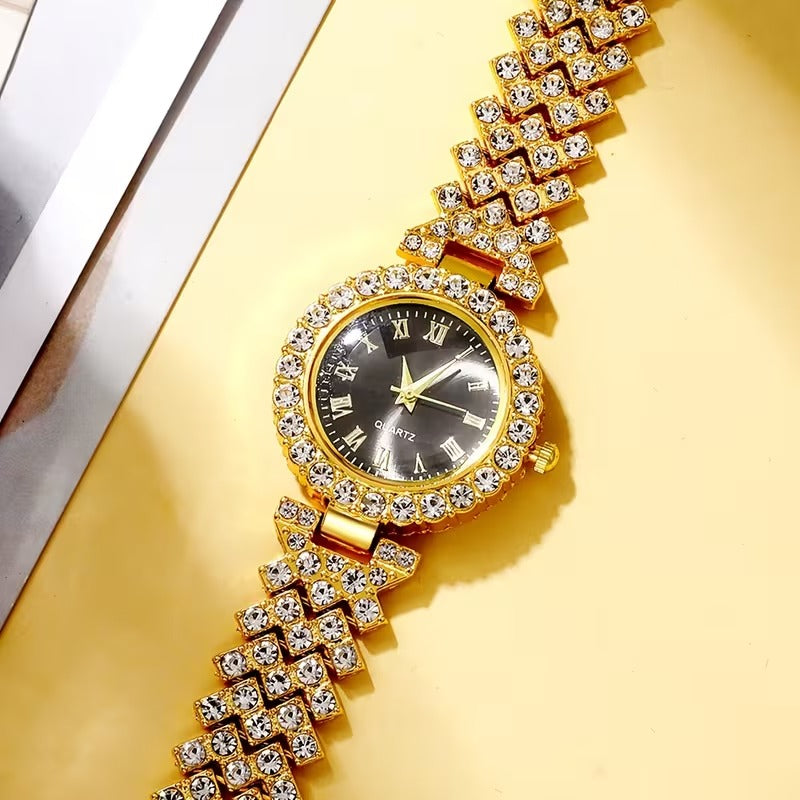 Auravia Gold Rhinestone Watch Jewelry Set 5pcs